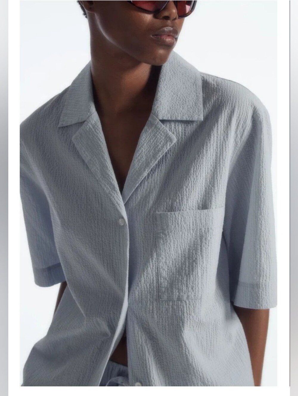 COS Light Blue Gray Short-Sleeve Seersucker Button-Down Shirt US 6